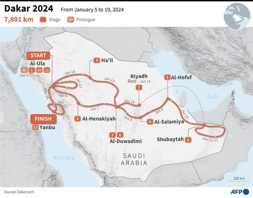 Mapa que muestra el recorrido del Rally Dakar 2024 en Arabia Saudí (AFP/GUILLERMO RIVAS PACHECO Y JEAN- MICHAEL CORNU)