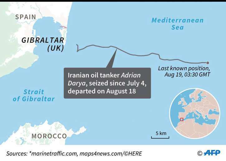 Mapa de localización de la última posición conocida del petrolero iraní Adrian Darya 1, antes Grace 1, que fue confiscado frente a Gibraltar el 4 de julio y liberado el 18 de agosto.