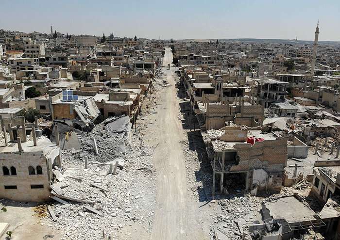 Edificios destruidos en la ciudad de Khan Sheikhoun, en la campiña sur de la provincia noroccidental de Idlib
