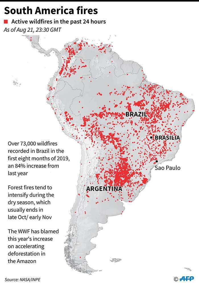 AFP/AFP - Mapa de Sudamérica, mostrando incendios forestales, activos en las últimas 24 horas a partir del 21 de agosto, 23:30 GMT