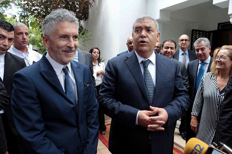 El ministro del Interior de España, Fernando Grande-Marlaska, y el ministro del Interior de Marruecos, Abdelouafi Laftit, tras una reunión en Rabat, Marruecos, el 4 de septiembre de 2019