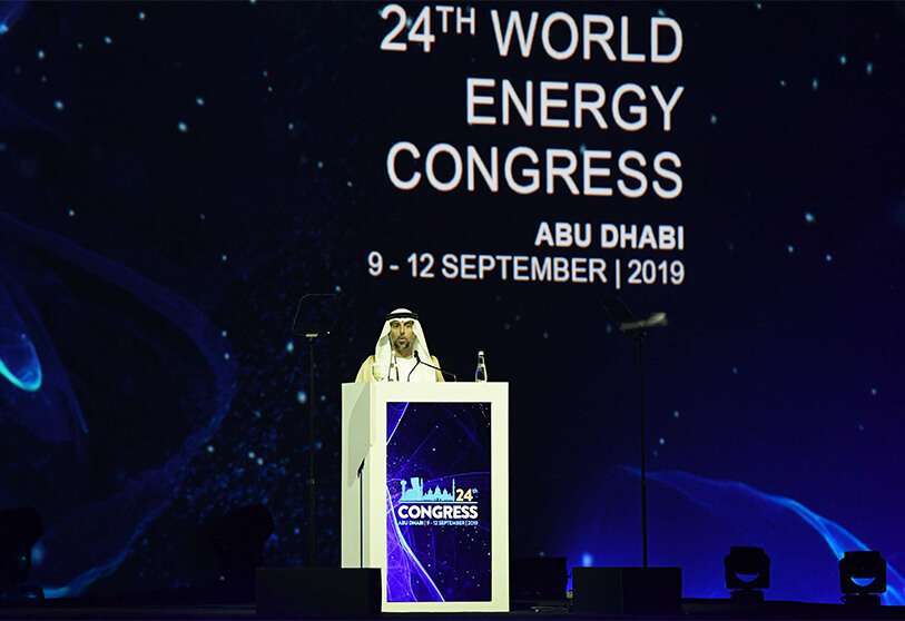 El ministro de Energía e Industria de EAU, Suhail al-Mazrouei, habla durante la ceremonia de apertura del 24º Congreso Mundial de Energía (CME) en Abu Dhabi, la capital de los EAU, el 9 de septiembre de 2019