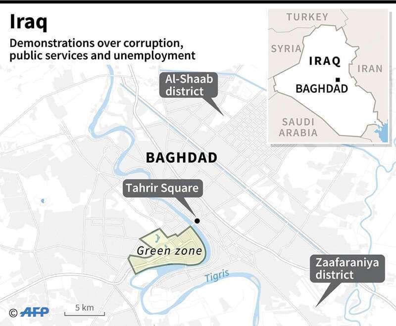 Mapa de Irak y Bagdad donde se localizan las manifestaciones contra la corrupción del Estado