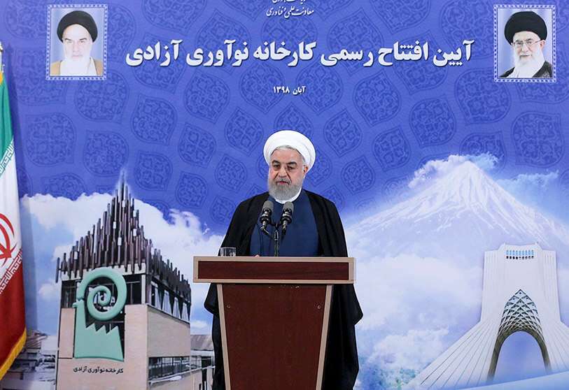 El presidente Hassan Rouhani hablando durante la apertura de una fábrica en la capital, Teherán