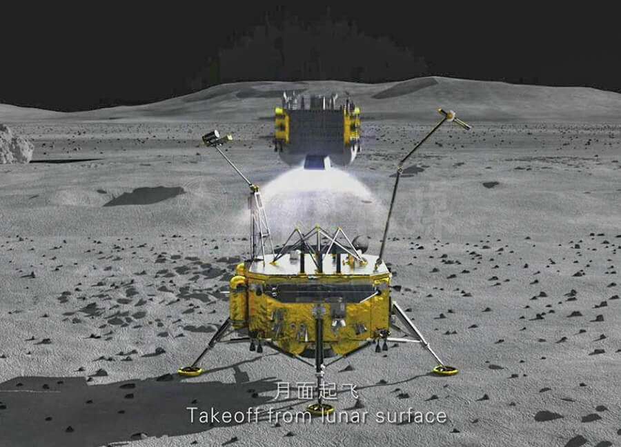 El módulo de superficie de Chang’e-5 dispone de dos brazos robóticos, uno con una pala y el otro con una taladradora. En su parte superior se encuentra el vehículo de ascenso, que debe trasladar las extraer el material recogido en la Luna