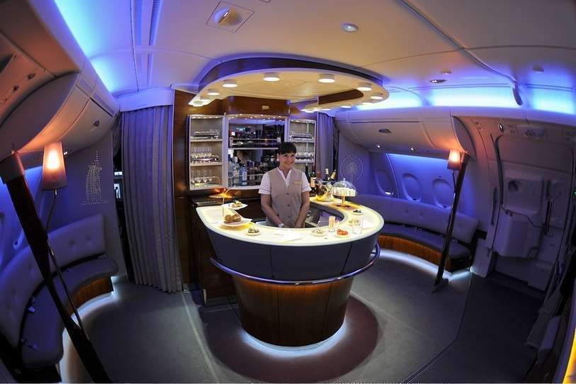 PHOTO/Emirates - The onboard bar and the common areas in the double-decker aircraft such as the A380 and 747 Jumbo have been emptied of passengers waiting for better times, which will still take some time