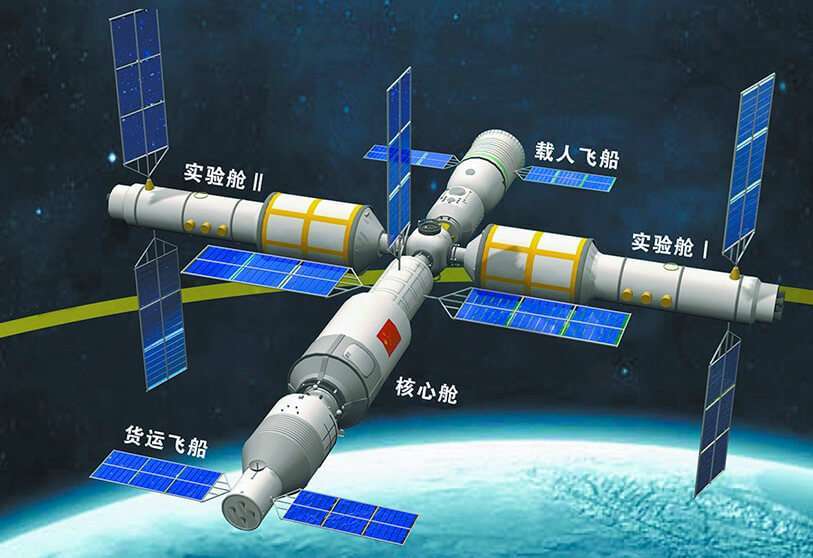 Representación artística de la primera estación espacial que Pekín va a completar en el espacio en los próximos dos años. El modulo  que se ha puesto en órbita es el que incorpora la bandera roja de China