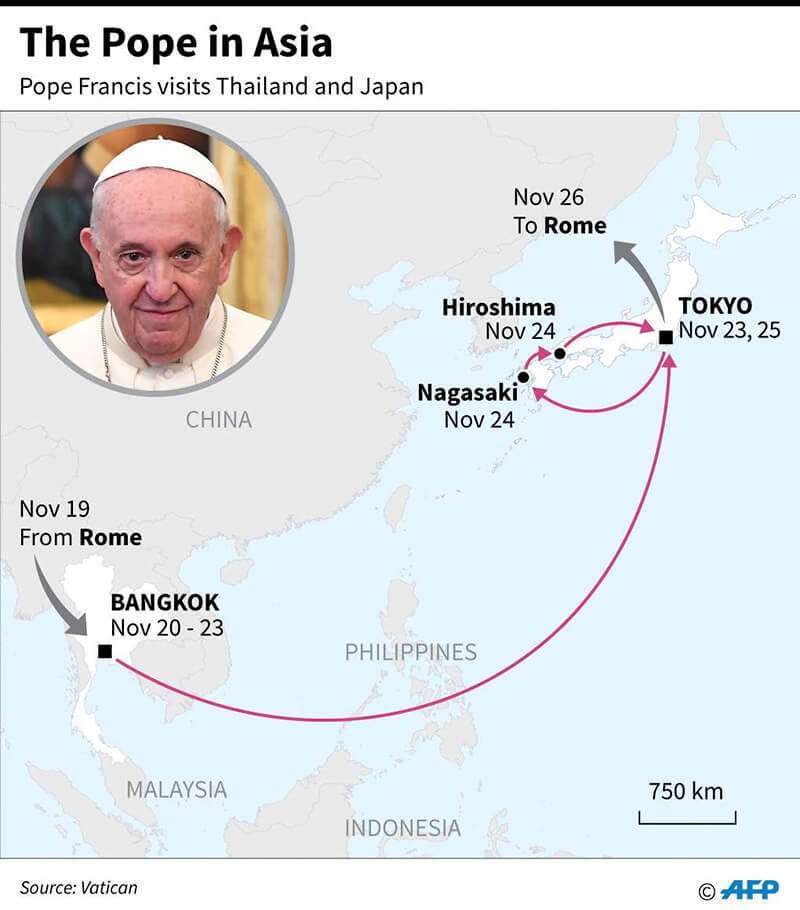 Mapa que muestra la ruta y las fechas de la visita del papa Francisco a Asia, del 19 al 26 de noviembre