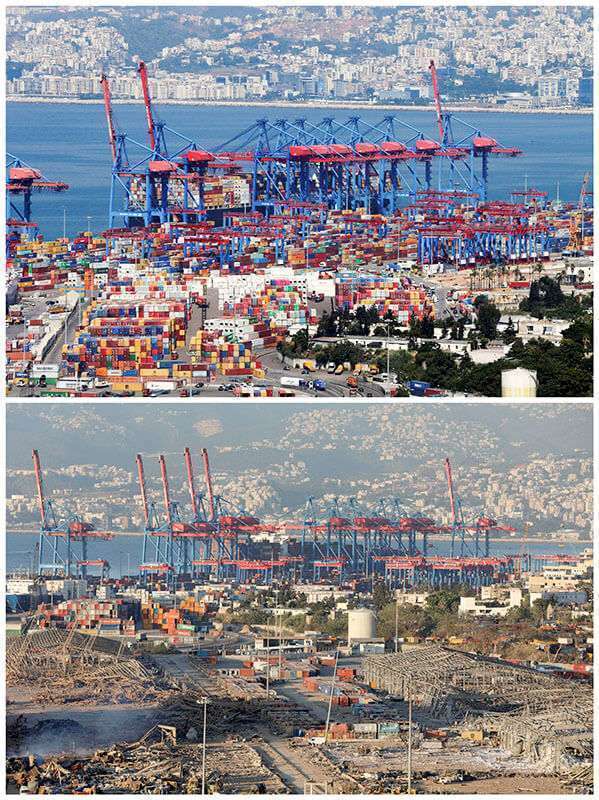 Une image combinée montre une vue du port de Beyrouth, au Liban, le 22 août 2019 et après une explosion le 5 août 2020