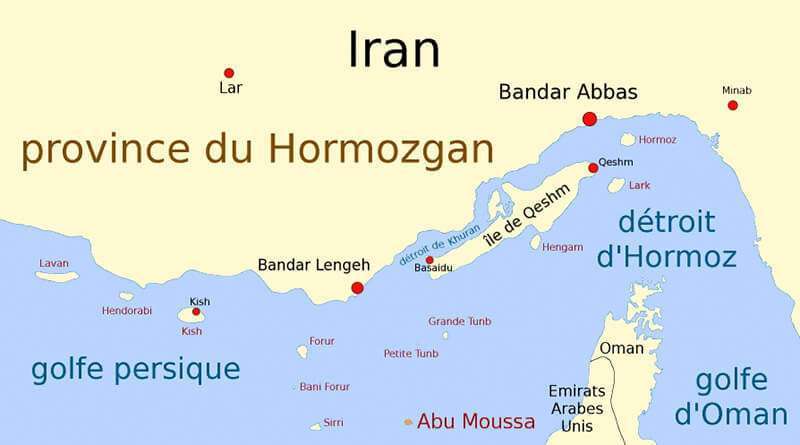 Mapa que muestra las islas Abu Mousa, Tumb Mayor y Tumb Menor en el estrecho de Ormuz