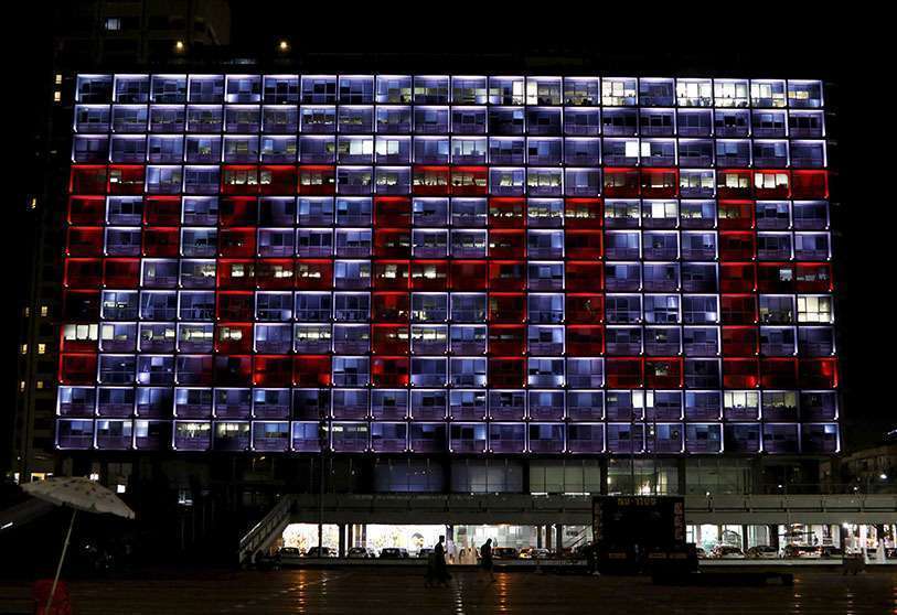 PHOTO/REUTERS - The word "Peace" is seen in English, in the Tel Aviv building in Tel Aviv, Israel, on 15 September 2020