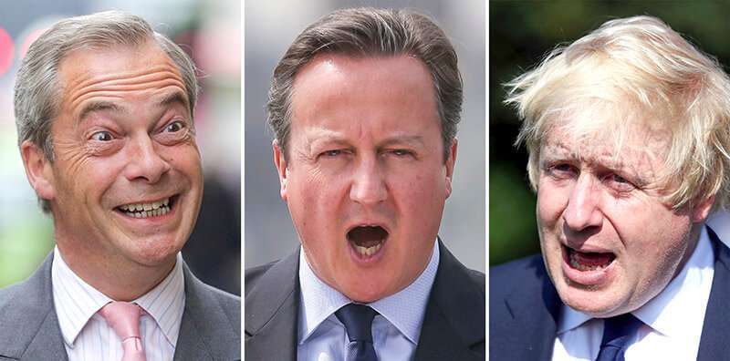 El líder del Partido por la Independencia del Reino Unido (UKIP), Nigel Farage; el ex primer ministro británico, David Cameron; y el exalcalde de Londres y activista de la campaña "Vote Leave", Boris Johnson