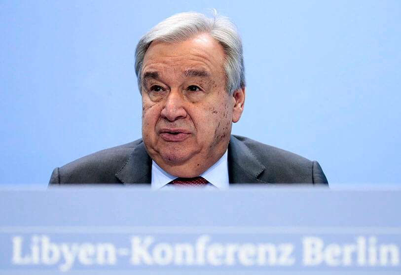 El secretario general de la ONU, António Guterres, habla durante una conferencia de prensa después de la Conferencia Internacional sobre Libia
