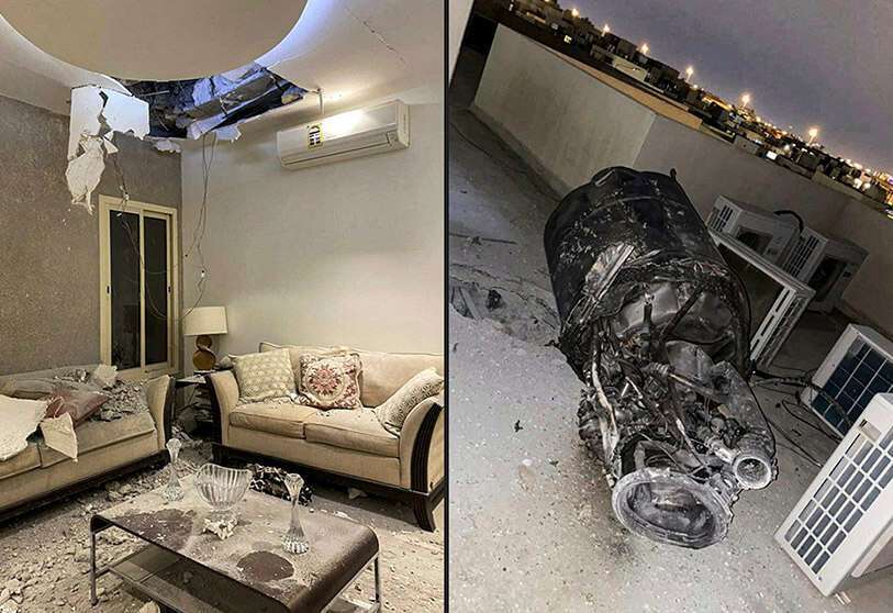 Daños en una casa y escombros en el tejado de un edificio en Riad