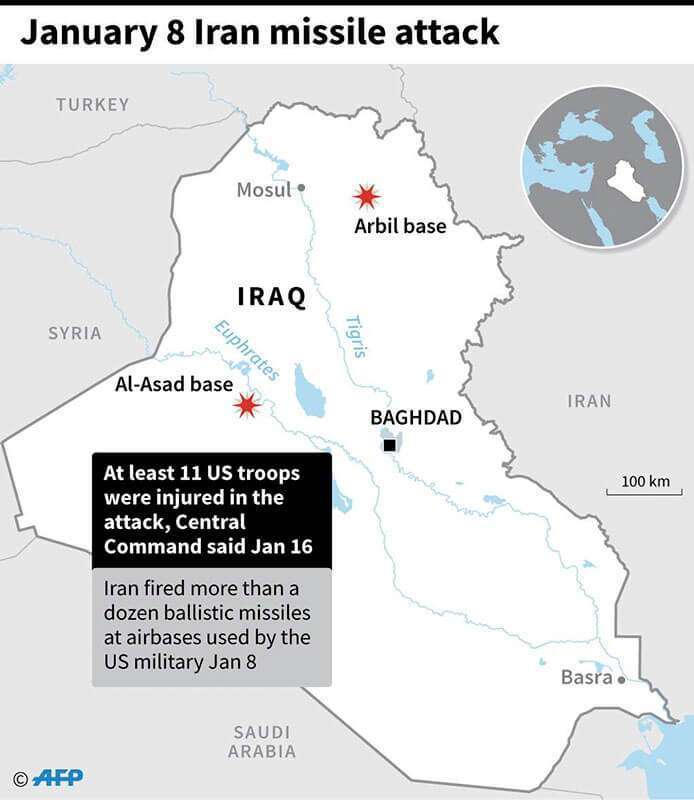 Mapa que muestra las dos bases aéreas en Irak, Al-Asad y Erbil, que fueron atacadas por Irán el 8 de enero