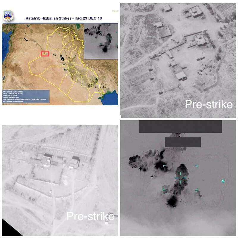 Una combinación de imágenes que muestra lo que las fuerzas armadas estadounidenses dicen que son bases del grupo de milicias Kata’ib Hizbulá que fueron atacadas por las fuerzas estadounidenses, en la ciudad de Al-Qa'im, Irak, el 29 de diciembre de 2019