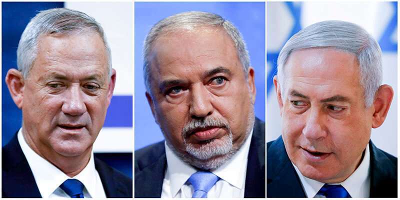 Una foto combinada muestra al líder del partido Azul y Blanco, Benny Gantz en Rosh Ha'ayin, Avigdor Lieberman, y al primer ministro israelí, Benjamin Netanyahu