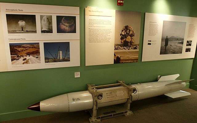 An empty B61 multipurpose thermonuclear tactical bomb is on display at the Atomic Testing Museum, Feb. 11, 2005, in Las Vegas