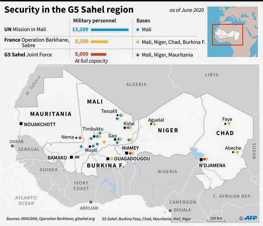 Fuerzas de la ONU, africanas y francesas en la región del G5 del Sahel, a partir de junio de 2020 AFP/AFP
