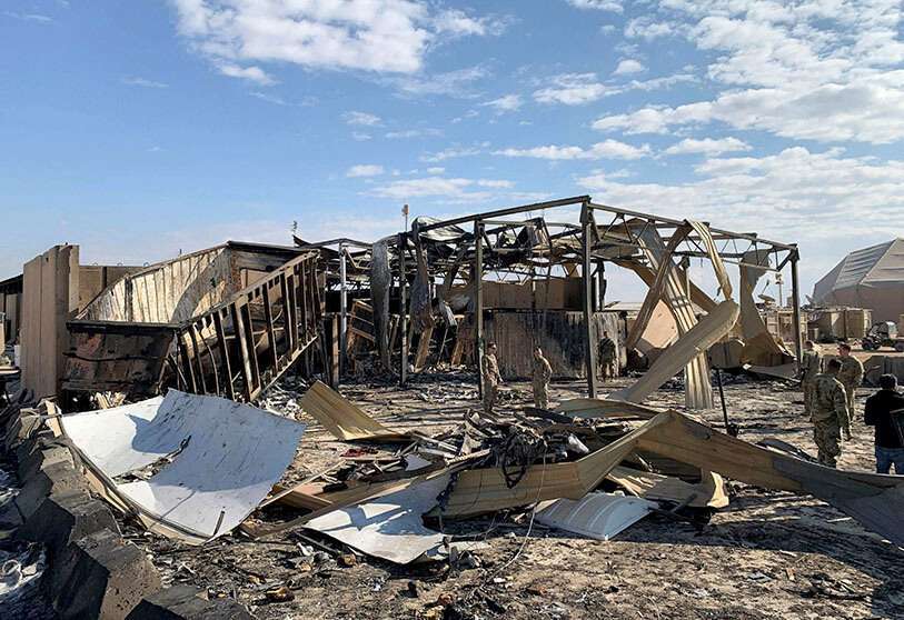Una foto tomada el 13 de enero de 2020 muestra una vista de los daños en la base aérea militar de Ain al-Asad, que alberga a tropas estadounidenses y otras extranjeras en la provincia occidental iraquí de Anbar