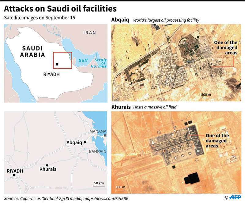 Imágenes de satélite que muestran algunas de las áreas dañadas de las instalaciones petroleras de Saudi Aramco
