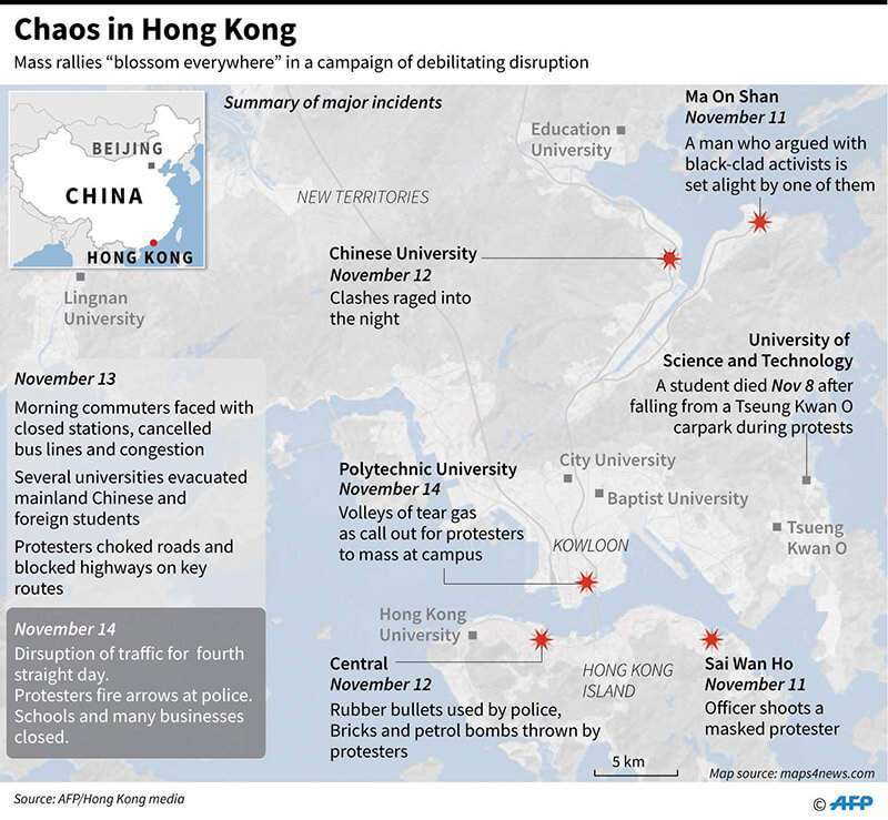 Mapa de Hong Kong que muestra las zonas afectadas por la violencia y las protestas en los últimos días hasta el 14 de noviembre