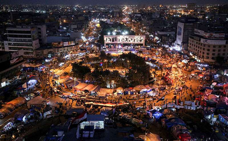 Una vista por encima de la sentada antigubernamental en la plaza Tahrir de la capital iraquí, Bagdad, el 24 de diciembre de 2019