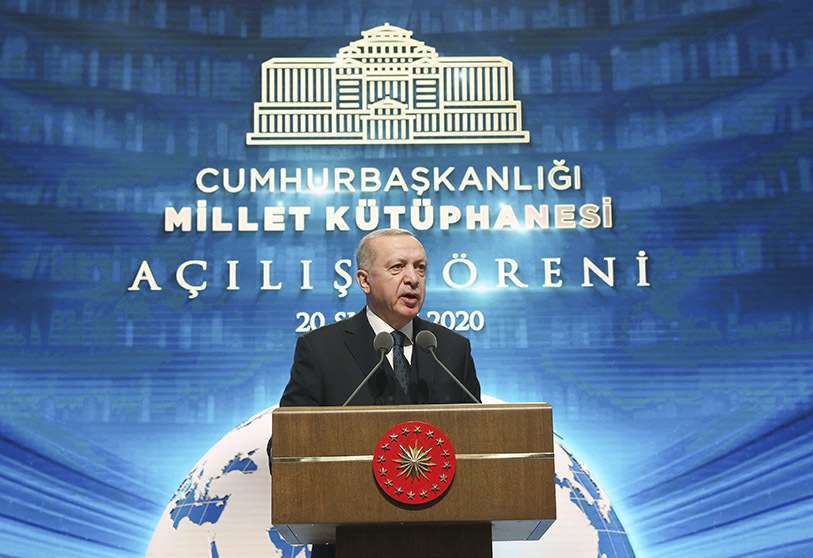 El presidente turco, Recep Tayyip Erdogan, durante la ceremonia de inauguración de la histórica Biblioteca Presidencial en el complejo presidencial de Ankara