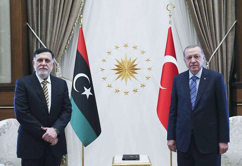 El presidente de Turquía, Recep Tayyip Erdogan y el primer ministro libio, Fayez Sarraj, en Ankara, Turquía, el 4 de junio de 2020