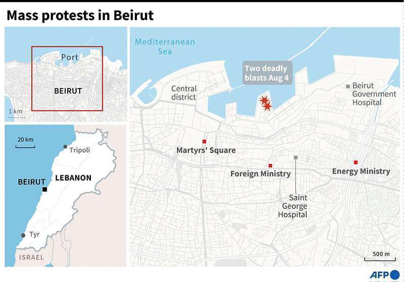AFP/AFP - Mapa que muestra el lugar de las explosiones de Beirut el 4 de agosto, y de las protestas masivas