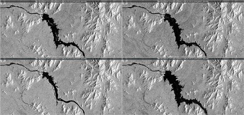 Le Grand barrage de la Renaissance éthiopienne (GERD) le 25 juillet 2017 (en haut à gauche), le 20 juillet 2018 (en haut à droite), le 3 juillet 2019 (en bas à gauche) et le 9 juillet 2020 (en bas à droite) en Ethiopie, sur ces images satellites Sentinel-1 obtenues par Reuters le 14 juillet 2020