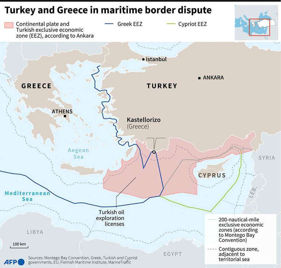 Mapa del Mediterráneo occidental con las reivindicaciones de fronteras marítimas de Turquía, Grecia y Chipre AFP/AFP