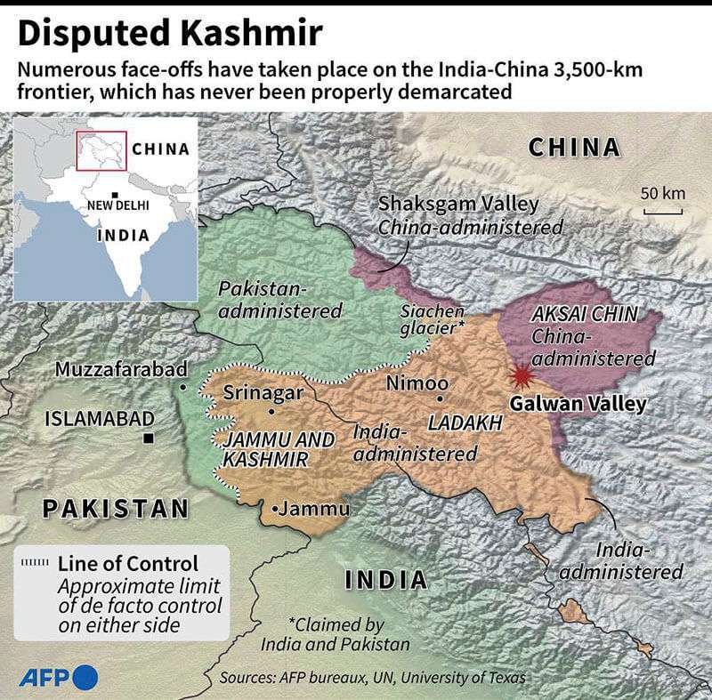 AFP/AFP - Mapa de la Cachemira en disputa que muestra las zonas administradas por el Pakistán, la India y China, y el Valle de Galwan, donde 20 tropas indias murieron en un enfrentamiento fronterizo en junio