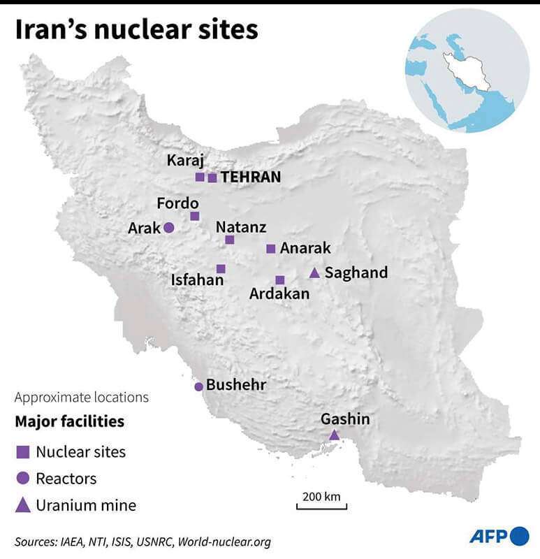 Mapa de Irán con las principales instalaciones nucleares