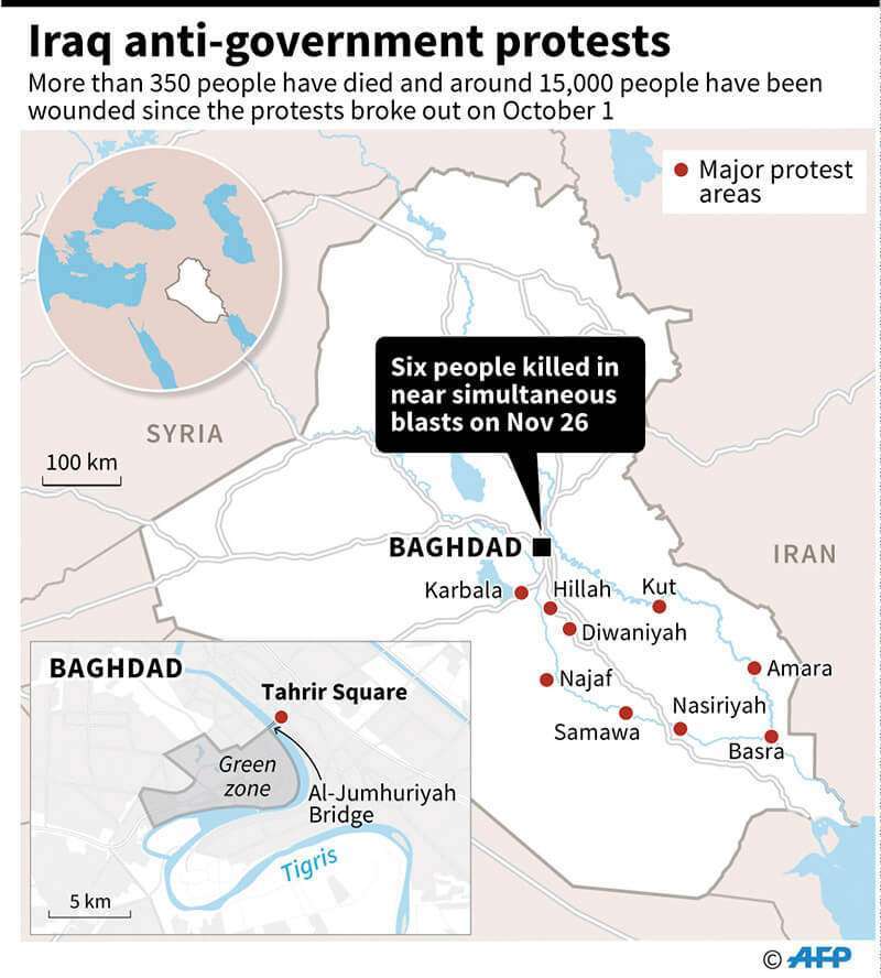 Mapa que muestra las principales ciudades que experimentan protestas antigubernamentales en Irak desde el 1 de octubre