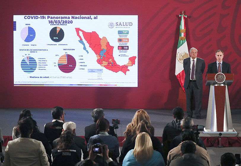 El subsecretario de Salud de México, Hugo López, junto con el presidente Andrés Manuel López Obrador, en una conferencia de prensa diaria en la Ciudad de México, el 19 de marzo de 2020