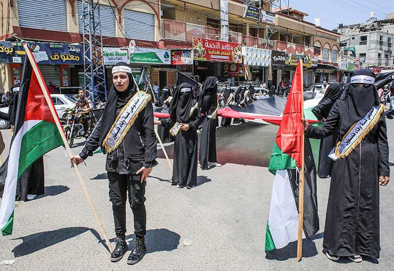 Los palestinos se manifiestan en contra de los planes de anexión de Israel a la Ribera Occidental, en Rafah, en el sur de la Franja de Gaza, el 29 de junio de 2020