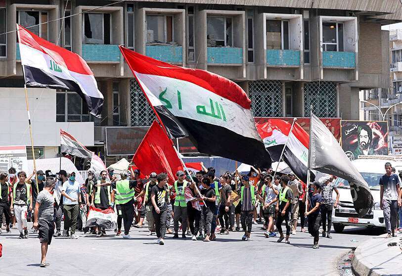 Manifestación para protestar contra las milicias armadas respaldadas por Irán, en Bagdad, Irak, el 12 de julio de 2020