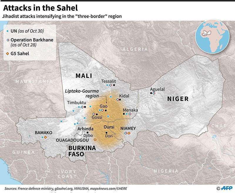 Mapa de Mali, Níger y Burkina Faso, en el que se localiza la región en la que se han intensificado los ataques yihadistas