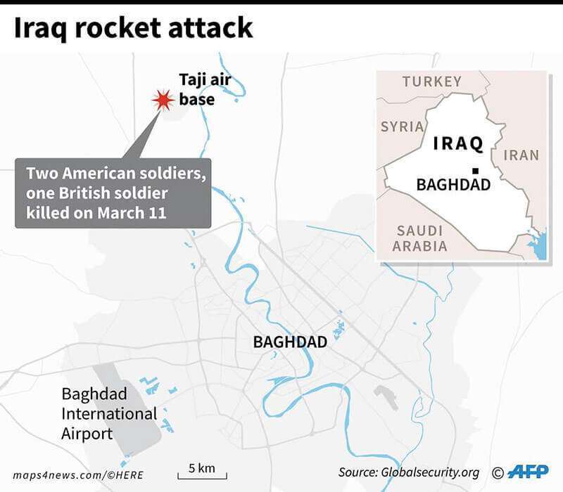 Mapa que localiza la base aérea de Taji, al norte de Bagdad, Irak