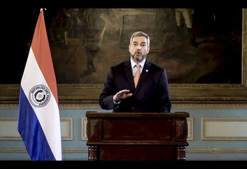 Mario Abdo Benítez, presidente de Paraguay, habla en un mensaje de vídeo pregrabado durante la 75ª sesión de la Asamblea General de las Naciones Unidas, en la sede de la ONU en Nueva York en 2020 PHOTO/ UNTV vía AP