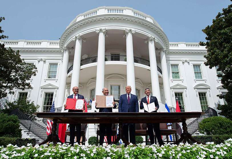Firma de los Acuerdos de Abraham por los que los países de Bahréin y los Emiratos Árabes Unidos reconocen a Israel, en la Casa Blanca en Washington, DC, el 15 de septiembre de 2020 AFP/ SAUL LOEB