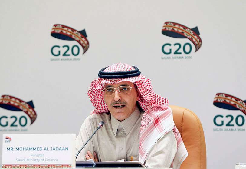 El ministro de Finanzas de Arabia Saudí, Mohammed al-Jadaan, durante una conferencia de prensa
