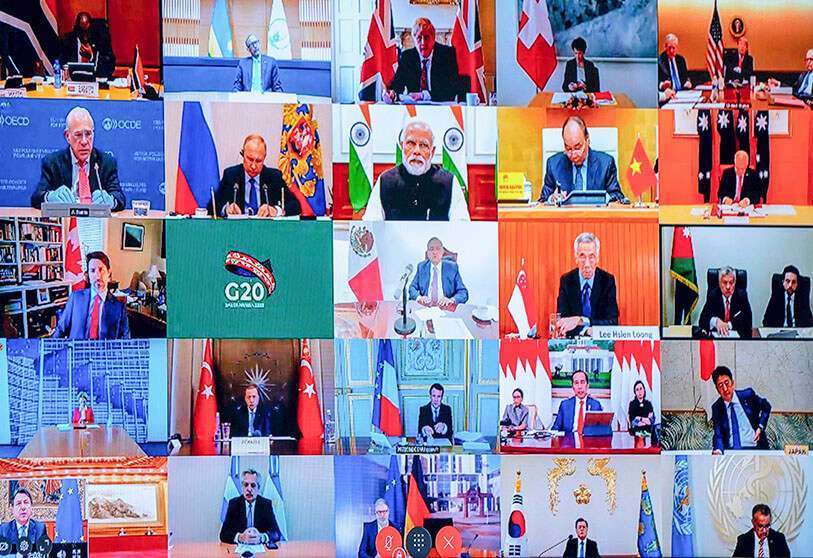 Videoconferencia como parte de una reunión extraordinaria de los líderes del G20, desde el Palacio Chigi en Roma