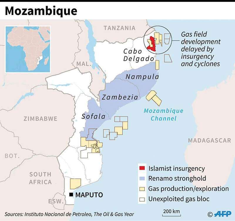 Mapa de Mozambique que muestra las zonas afectadas por la insurgencia islamista, los bastiones de la oposición RENAMO y los bloques de gas