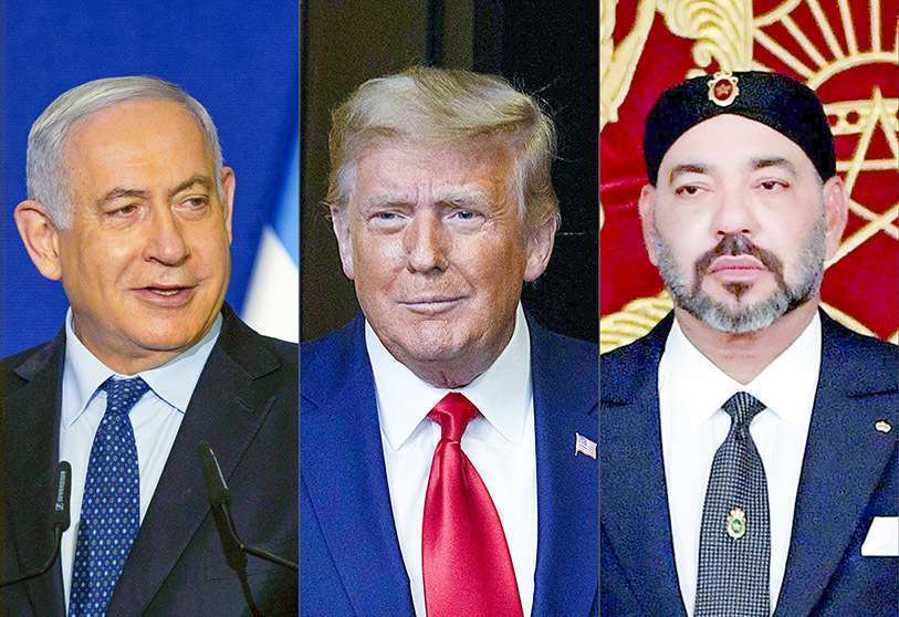 AFP PHOTO/MOROCCAN ROYAL PALACE- President of the United States Donald Trump, King of Morocco Mohamed VI, Israeli Prime Minister Benjamin Netanyahu