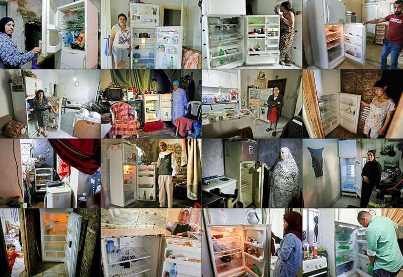 PHOTO/AFP - Une combinaison d'images montrant des citoyens libanais à travers le pays montrant le contenu de leurs frigos. La crise économique a entraîné l'effondrement de la monnaie locale et du pouvoir d'achat.