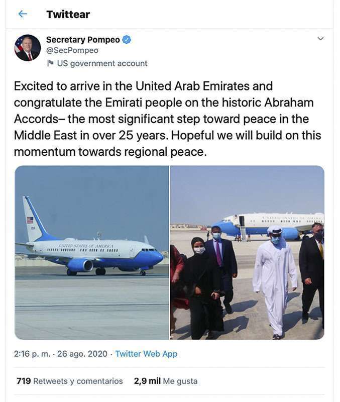 Shortly after arriving at the airport, Mike Pompeo expressed his enthusiasm for visiting the United Arab Emirates. He wrote in a tweet on his Twitter account: The UAE-Israel agreement is the most important step towards peace in the Middle East in over 25 years