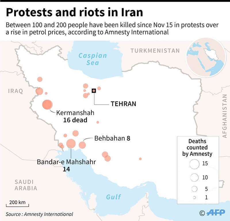 Mapa de Irán que señala las zonas donde las protestas han sido reprimidas con mayor violencia