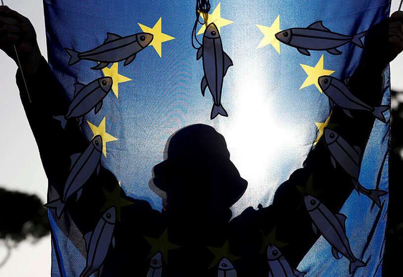Bandera de la UE decorada con sardinas de papel durante una manifestación contra el líder de Liga Matteo Salvini